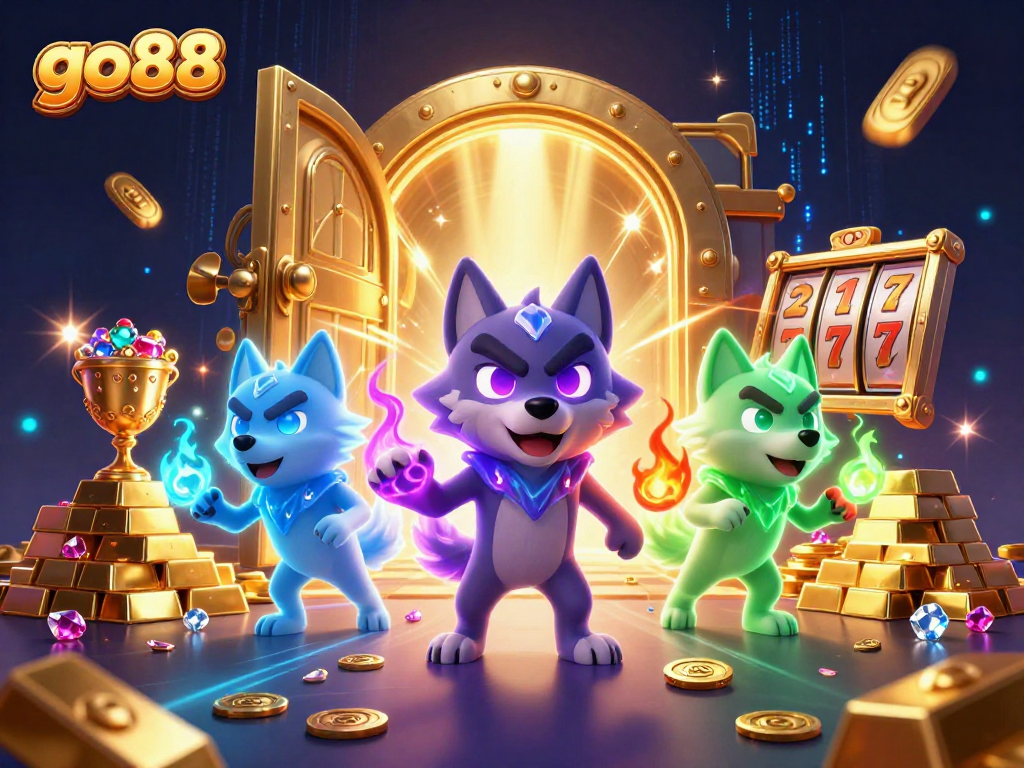 Experience go88's thrilling adventure with glowing wolves amidst treasure and slot reels.