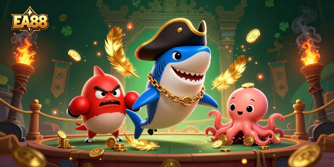 EA88 pirate shark and friends winning with gold coins in a lively casino battle scene.