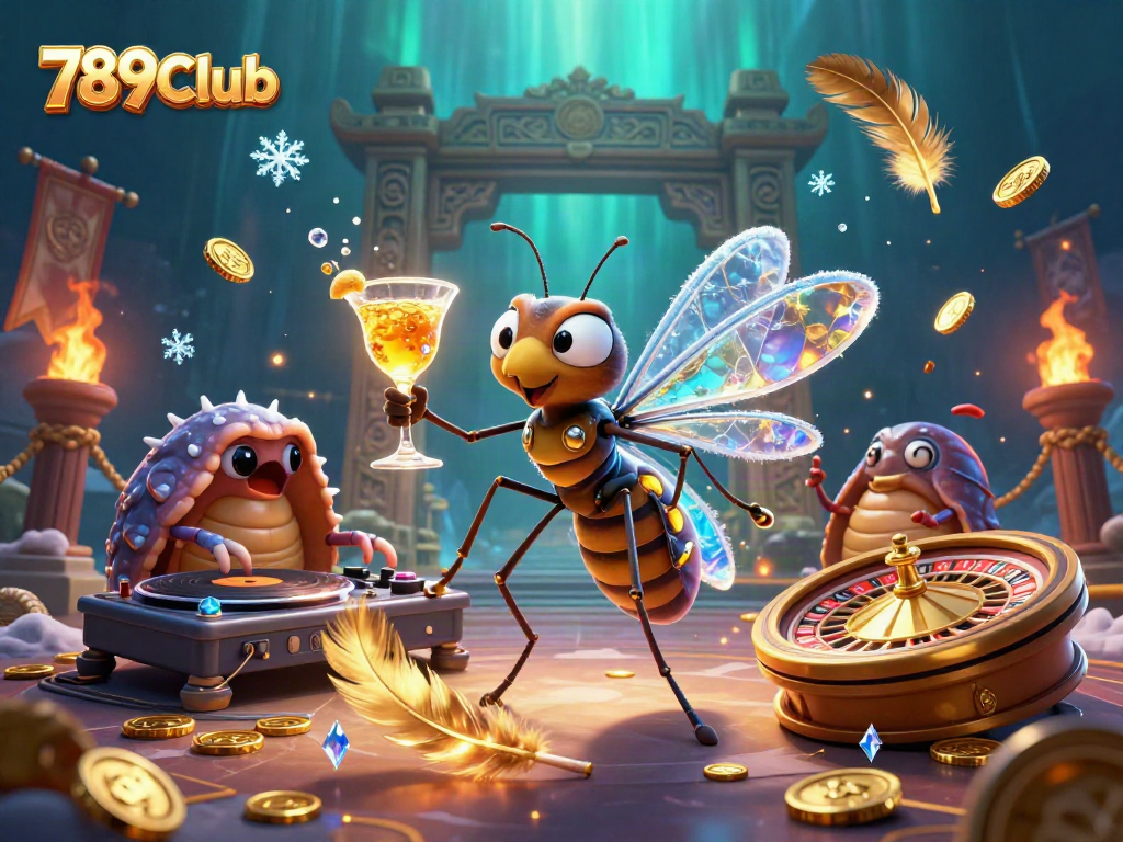 Engage with 789Club's casino vibe featuring a unique cartoon scene with a mosquito and trilobite.