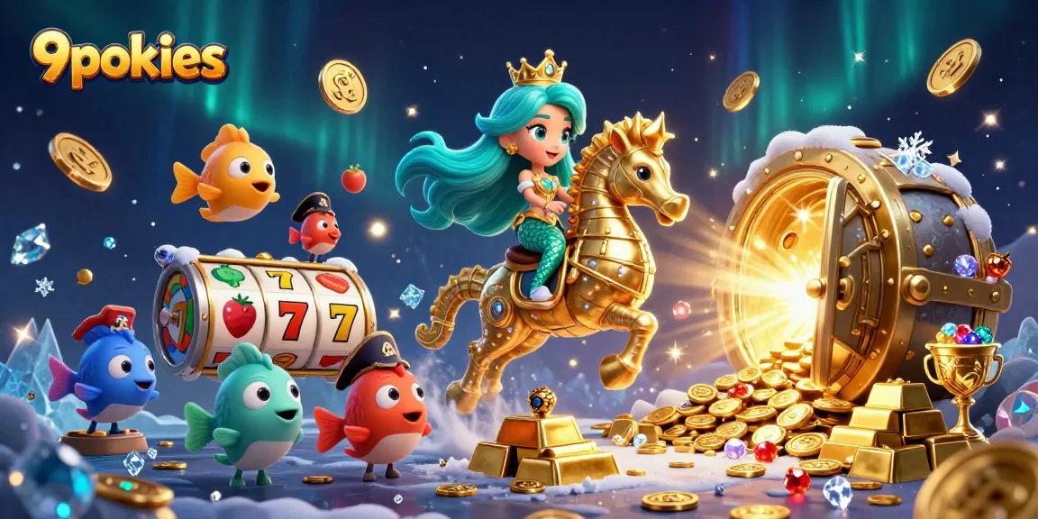 Spin the slots at 9pokies with a mermaid princess and golden treasures in this vibrant scene.