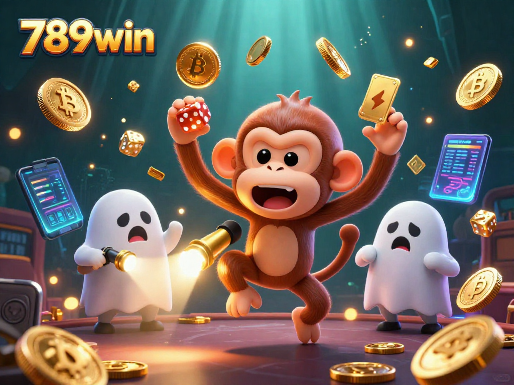 Join the excitement at 789win as a mischievous poltergeist monkey juggles golden coins and crypto elements!