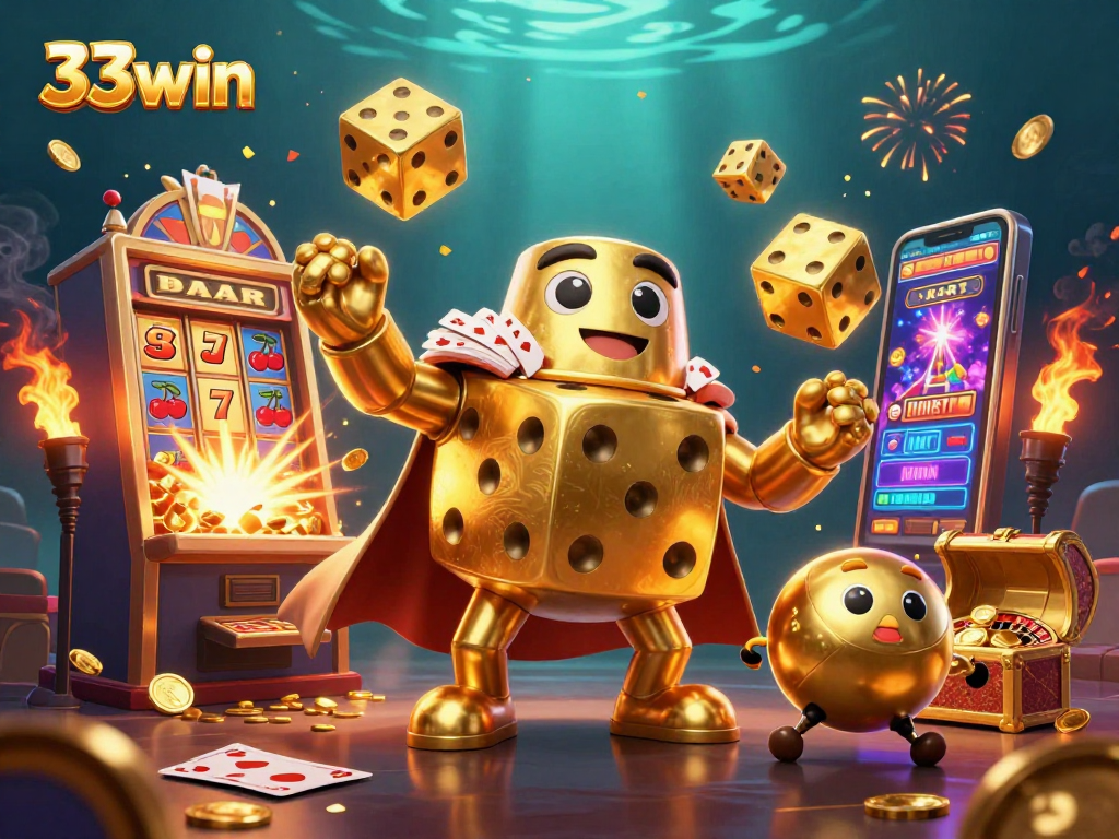 33win players enjoying a vibrant casino scene with golden dice and jackpot excitement