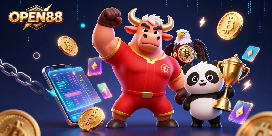 Experience the thrill of OPEN88 with a vibrant 3D gaming scene filled with excitement and rewards.
