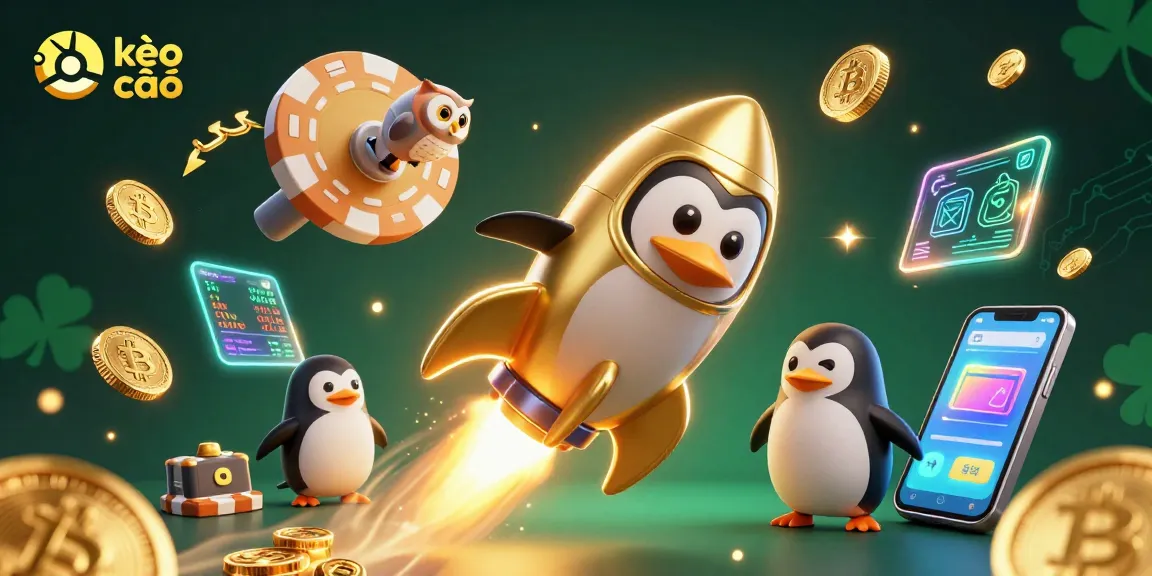 Engage with kèo nhà cái through a dynamic scene featuring a cartoon penguin and crypto elements.