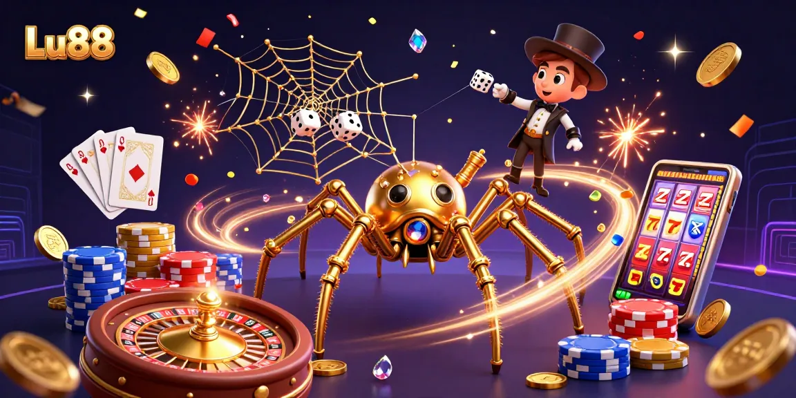 Win big at Lu88 with a stunning steampunk casino scene featuring golden coins and sparkles.