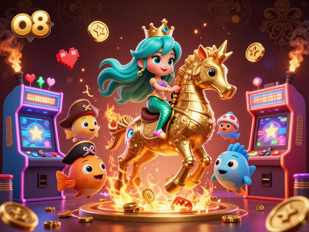 Engage in vibrant gaming action with O8's 3D mermaid ride, surrounded by colorful arcade elements.