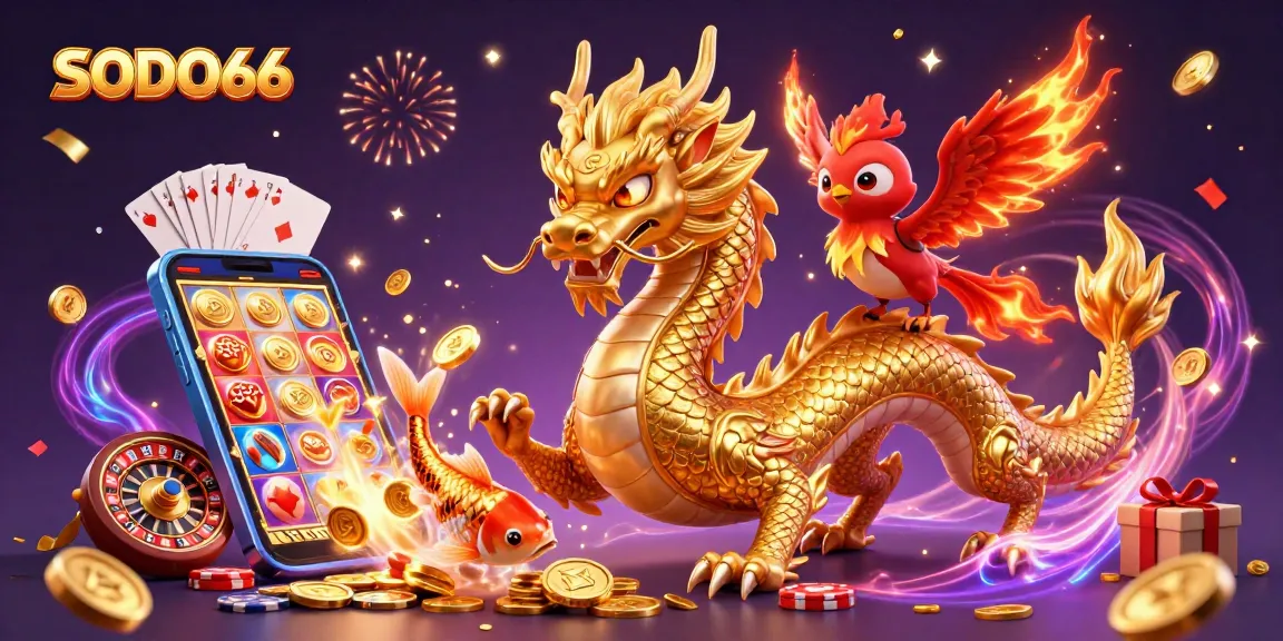 Experience the thrill of SODO66 gaming with animated dragon, phoenix, and koi fish amid flashy casino elements.