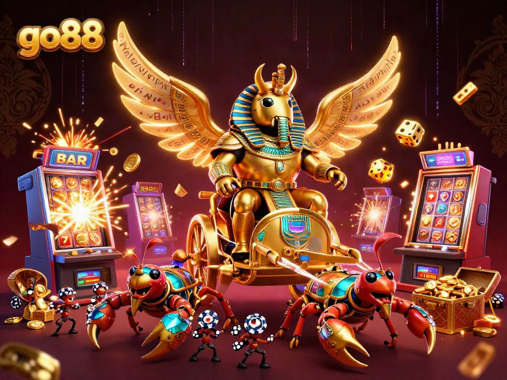 Win big at go88 with vibrant colors and dynamic casino elements in an exciting 3D scene.