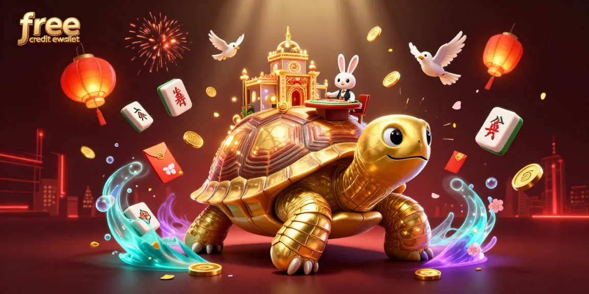 Engage with free credit ewallet offers among vibrant casino elements, featuring a golden tortoise and dynamic dealer.