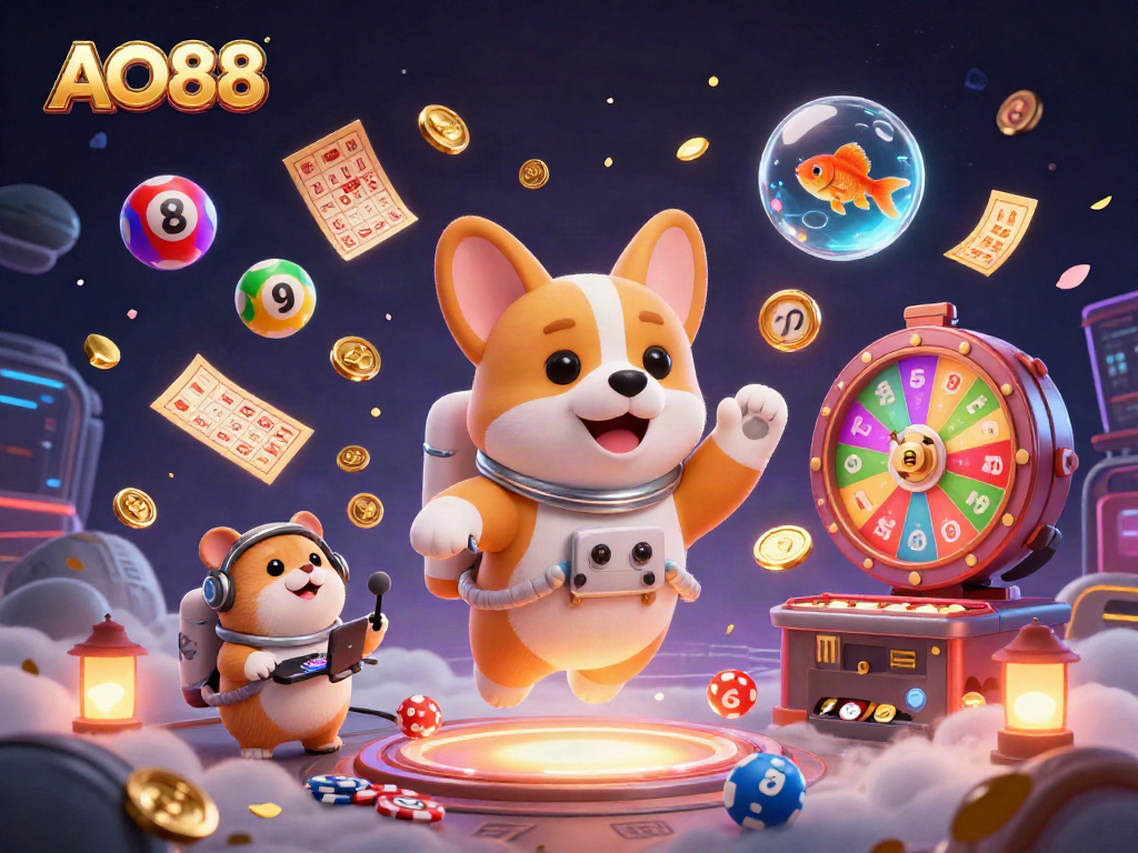 AO88 space-themed casino scene with a floating corgi, hamster, and goldfish surrounded by colorful lottery elements.