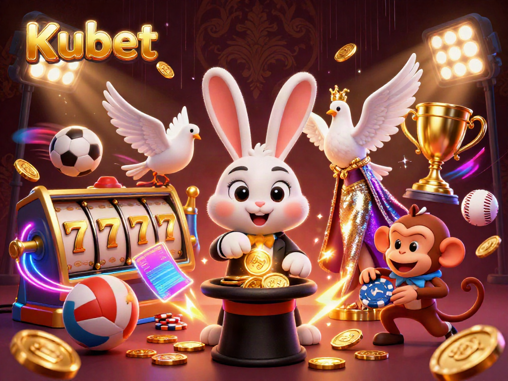 Kubet offers an immersive casino experience with a magician rabbit and glamorous assistant surrounded by golden coins and wilting poker chips.