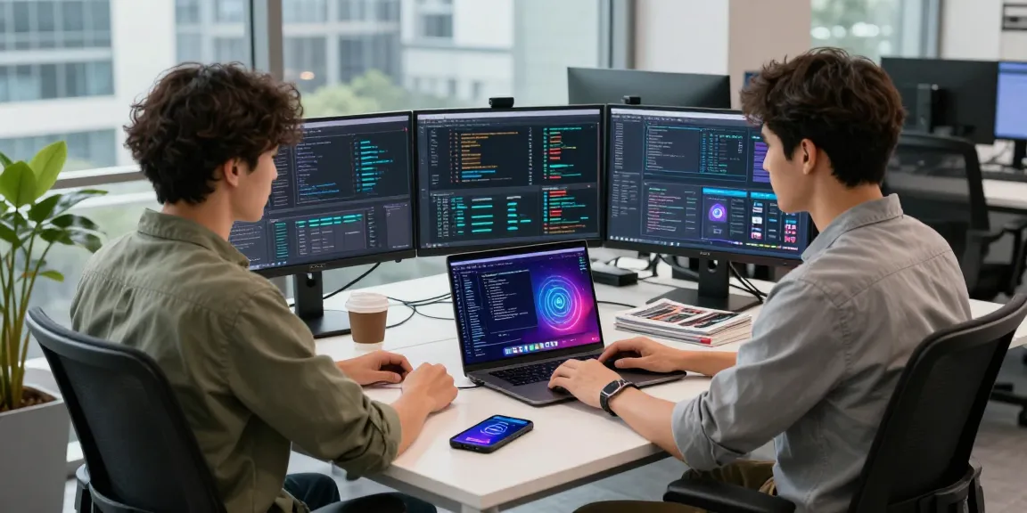 Programmer using an AI laptop in a modern workspace with multiple monitors and vibrant code display.