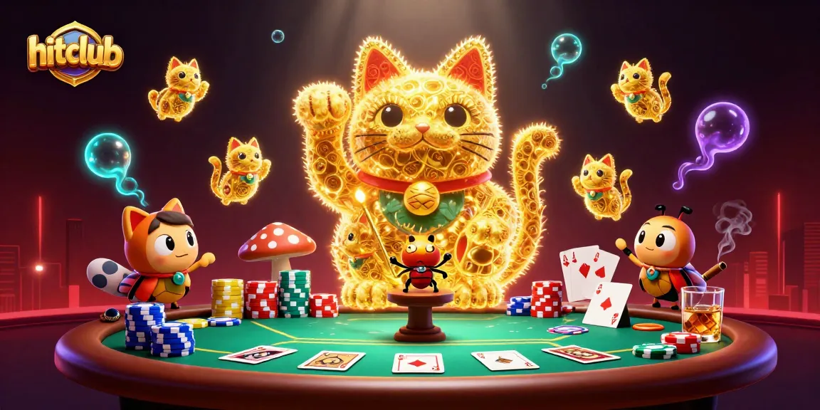 Hitclub's golden lucky cat illustration showcases vibrant casino symbols, enhancing your gaming experience.