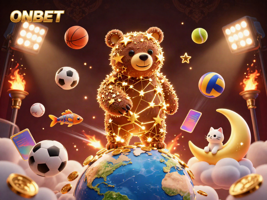 ONBET constellation bear illustration reaching for coins amidst dynamic sports elements.