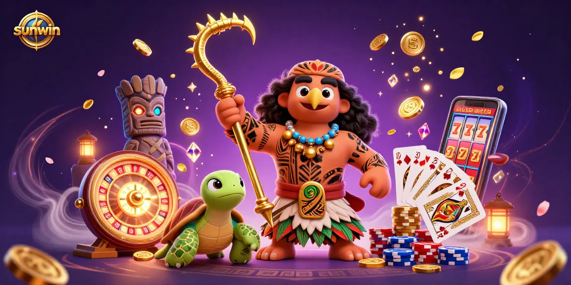 Win big at sunwin with a lively scene of a Polynesian demigod and casino elements surrounding them.