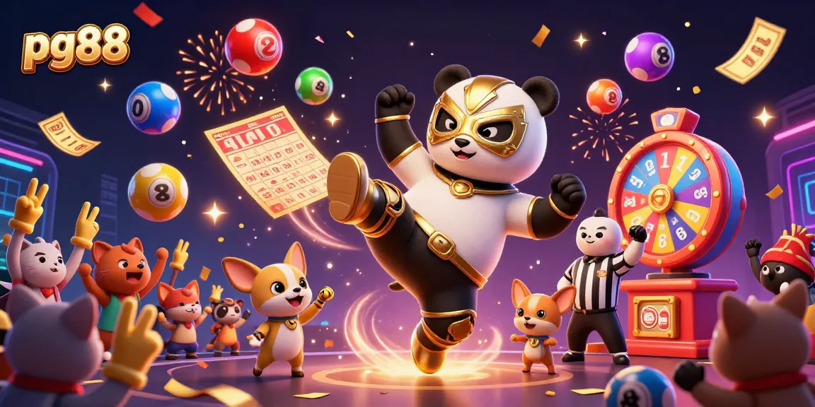 Experience the excitement of pg88 with a dynamic 3D illustration of a panda wrestler flying through a vibrant casino scene.