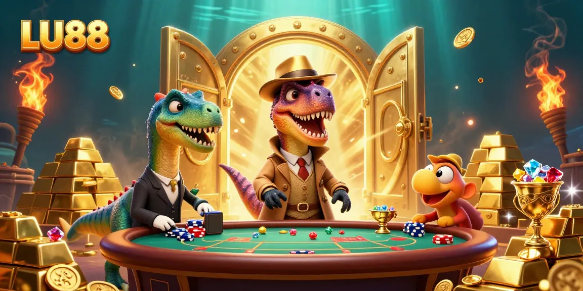 LU88 players engaging in a thrilling blackjack game with gold treasures in a vibrant casino atmosphere