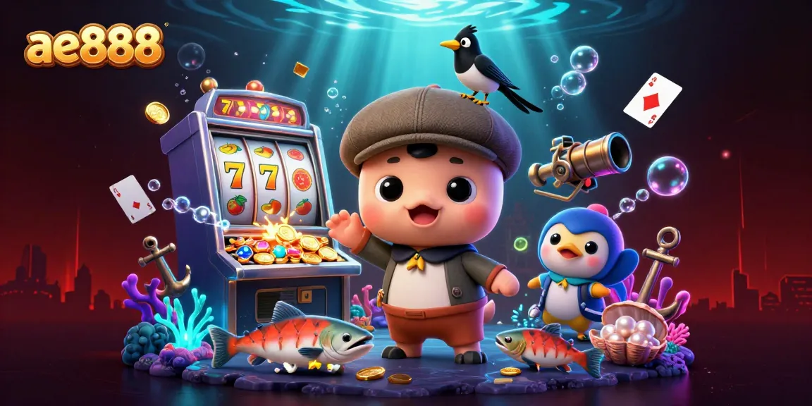 Spin the reels at ae888 with a playful Loch Ness monster and gold-obsessed magpie in a vibrant casino scene