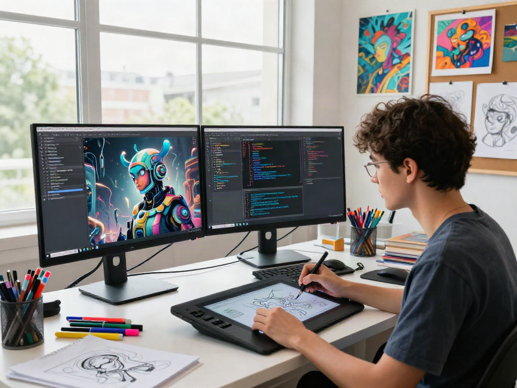 Creative artist illustrating unique nsfw ai concepts in vibrant art studio