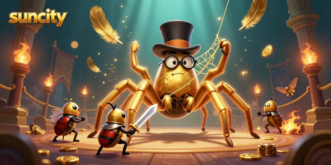 Experience suncity thrills as a golden tarantula weaves golden threads among casino pillars.