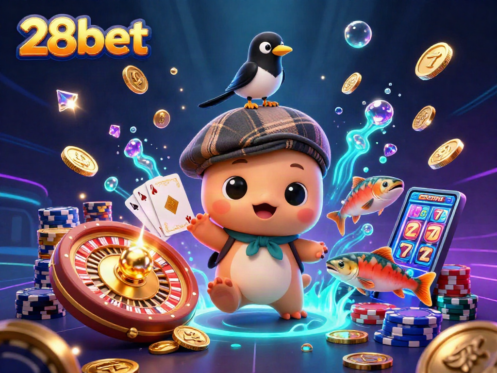 28bet offers a lively casino scene with Nessie, a magpie, and salmon amidst dynamic game elements.