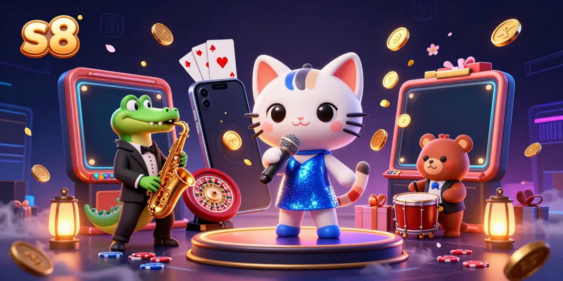 Experience excitement at s8 with lively characters and vibrant casino elements in this 3D illustration.