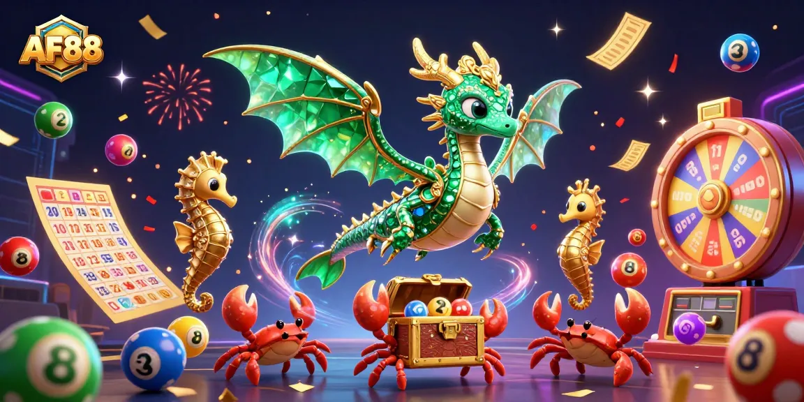 AF88 showcases an emerald sea dragon with colorful lottery elements and vibrant gaming atmosphere.