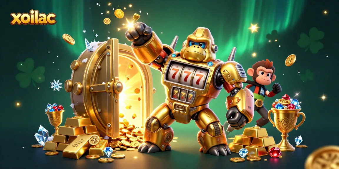 Engage with xoilac's vibrant casino illustration featuring a golden gorilla mech and treasures.