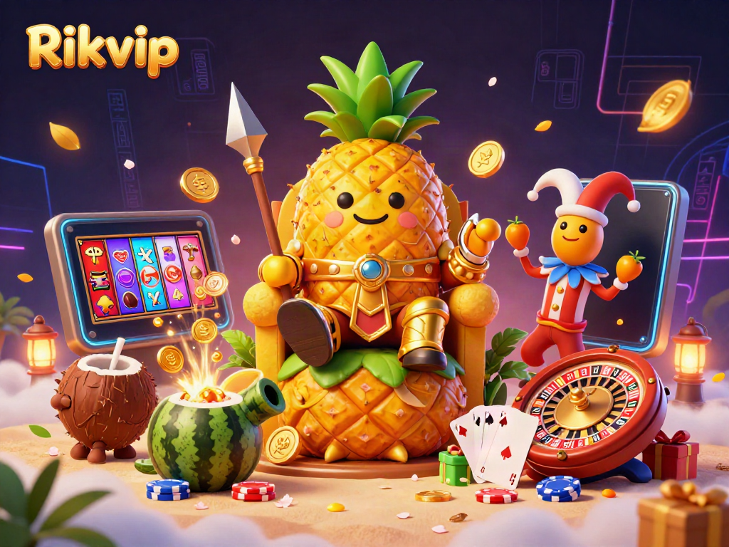 Engage in exciting gameplay at Rikvip with a vibrant casino scene featuring a pineapple king, golden coins, and slot games.