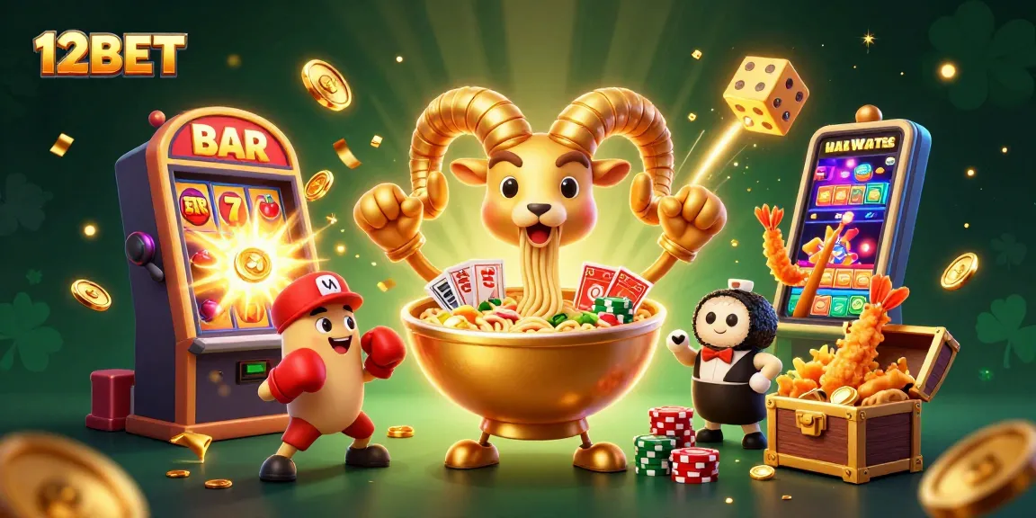 Experience exciting betting with 12BET in a dynamic casino-themed illustration featuring vibrant game elements.