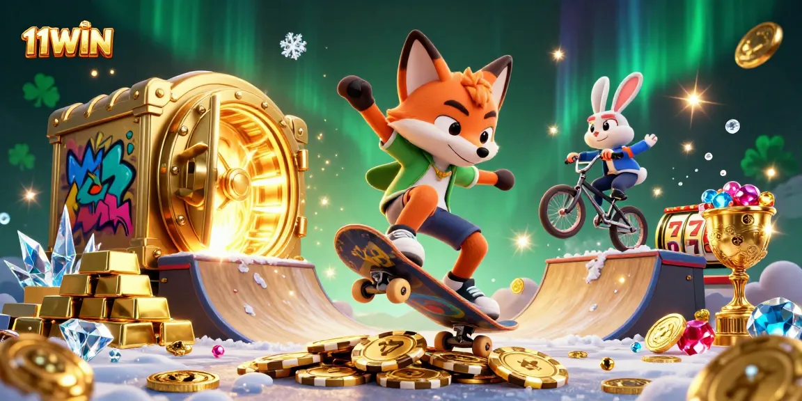 11WIN showcases thrilling slots action with a vibrant 3D scene of casino fun and excitement.