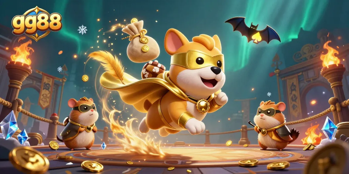 Experience the excitement of gg88 as a superhero dog and hamster quest for fortune in this vibrant casino scene.