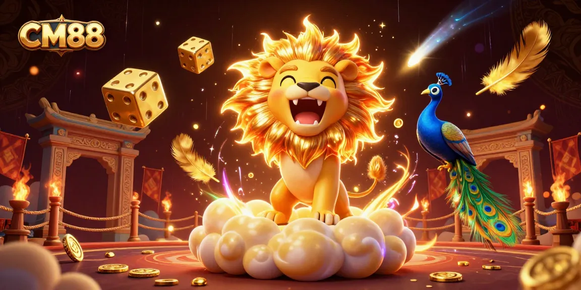 CM88 casino features a roaring lion, golden dice, and vibrant game elements for thrilling betting action.