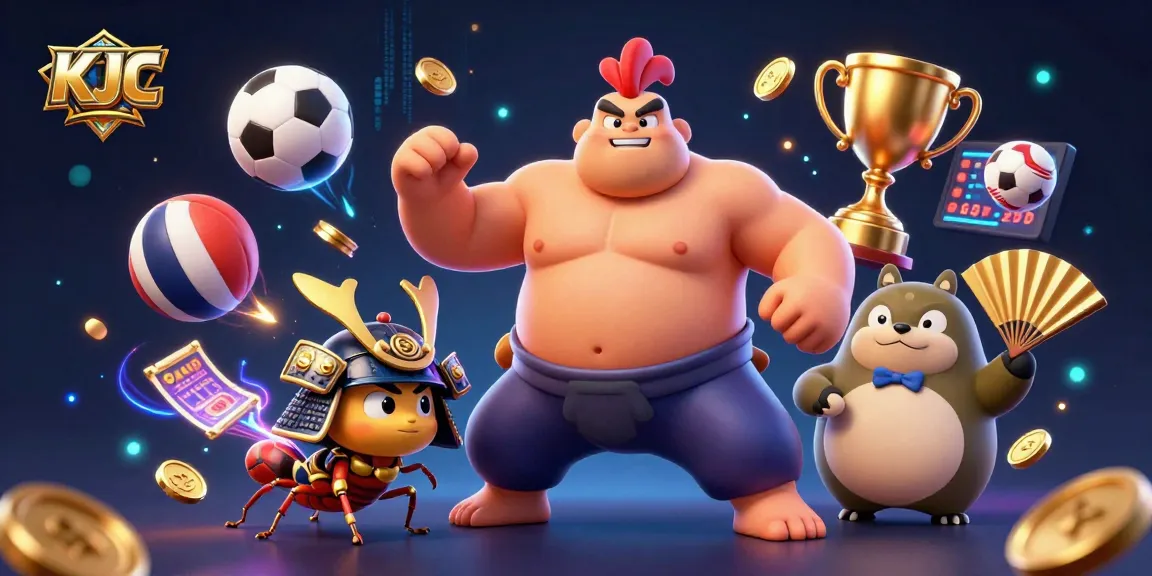 KJC showcases a dynamic scene with a powerful sumo rooster and an energetic cricket, perfect for sports betting excitement.