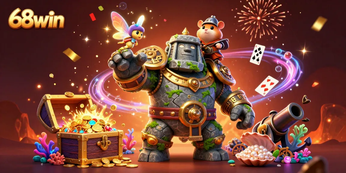 Engage in gambling adventures with 68win's vibrant scene of a golem guardian and magical characters