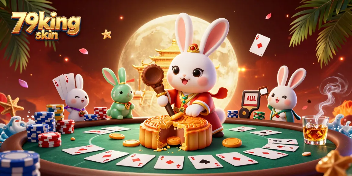 Experience the excitement of 79king skin with a vibrant illustration of casino action featuring poker chips and golden mooncakes.