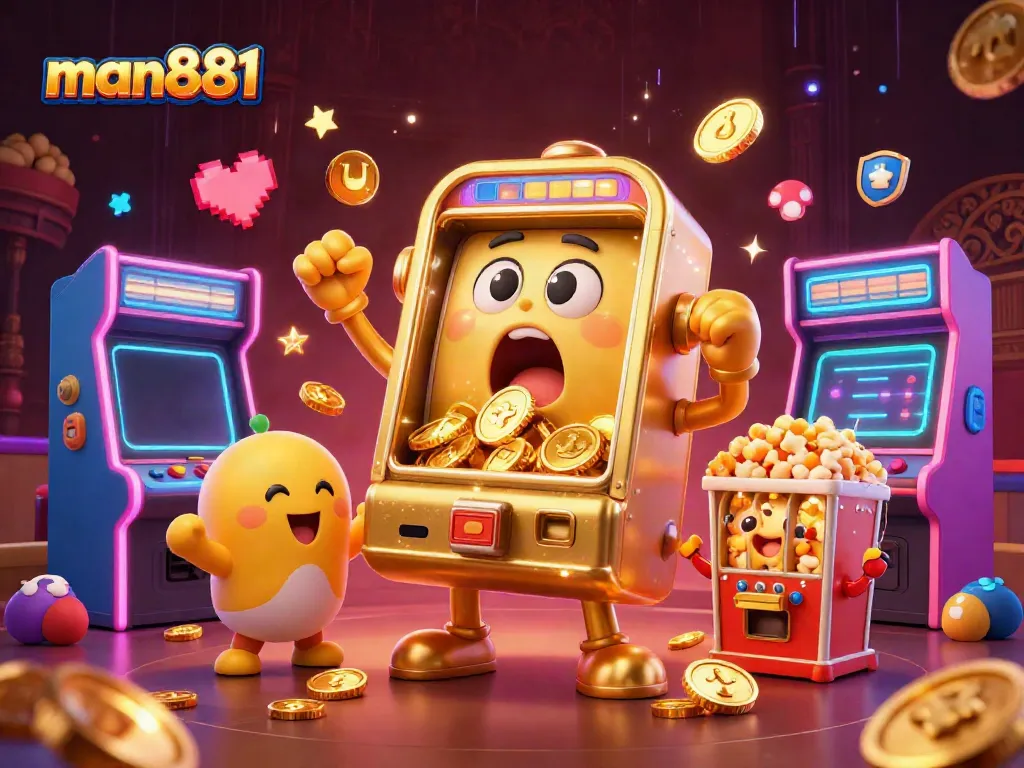 Jackpot chaos at man881 with golden slot machines celebrating big wins amid colorful arcade gaming elements.