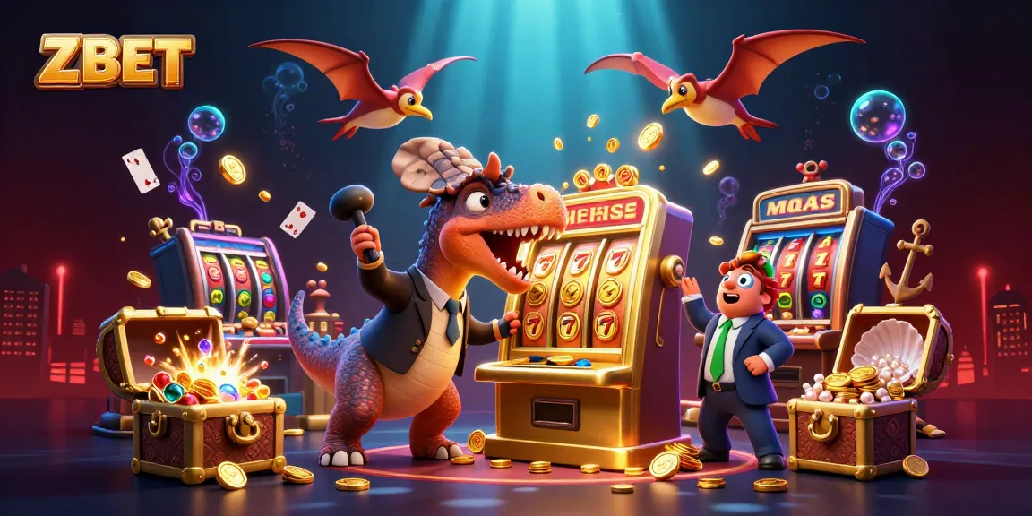 ZBET casino scene with a cartoon dinosaur hitting a slot machine, surrounded by casino elements.