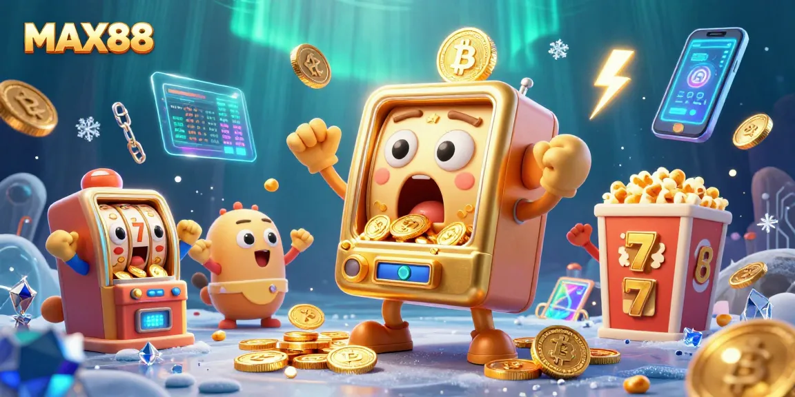 MAX88 slot machine celebrating a jackpot with coins pouring, surrounded by cheering baby machines.