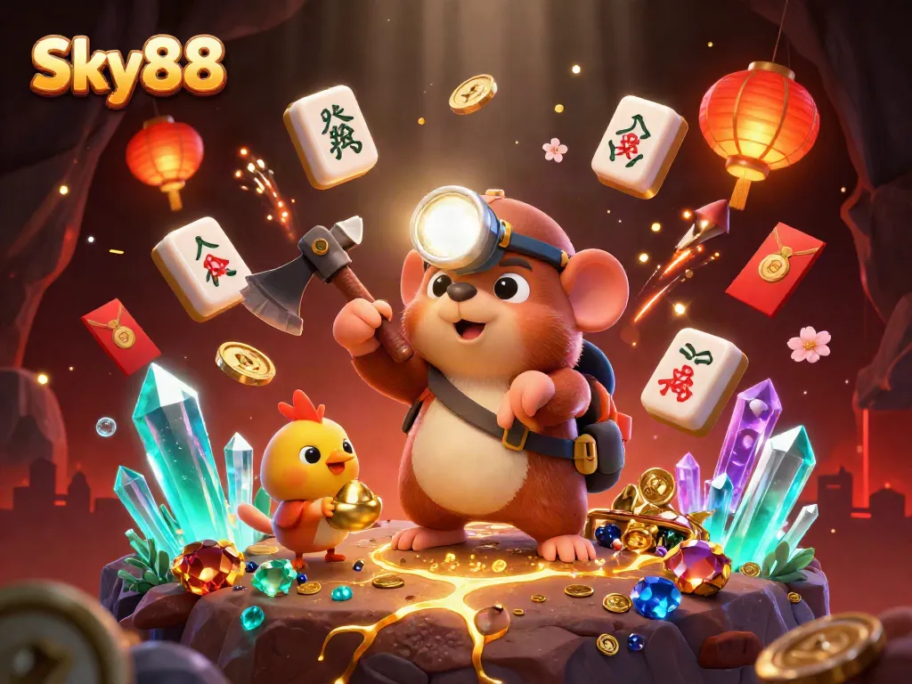 Experience the thrill of Sky88 with a treasure hunter mole and vibrant casino-themed elements.
