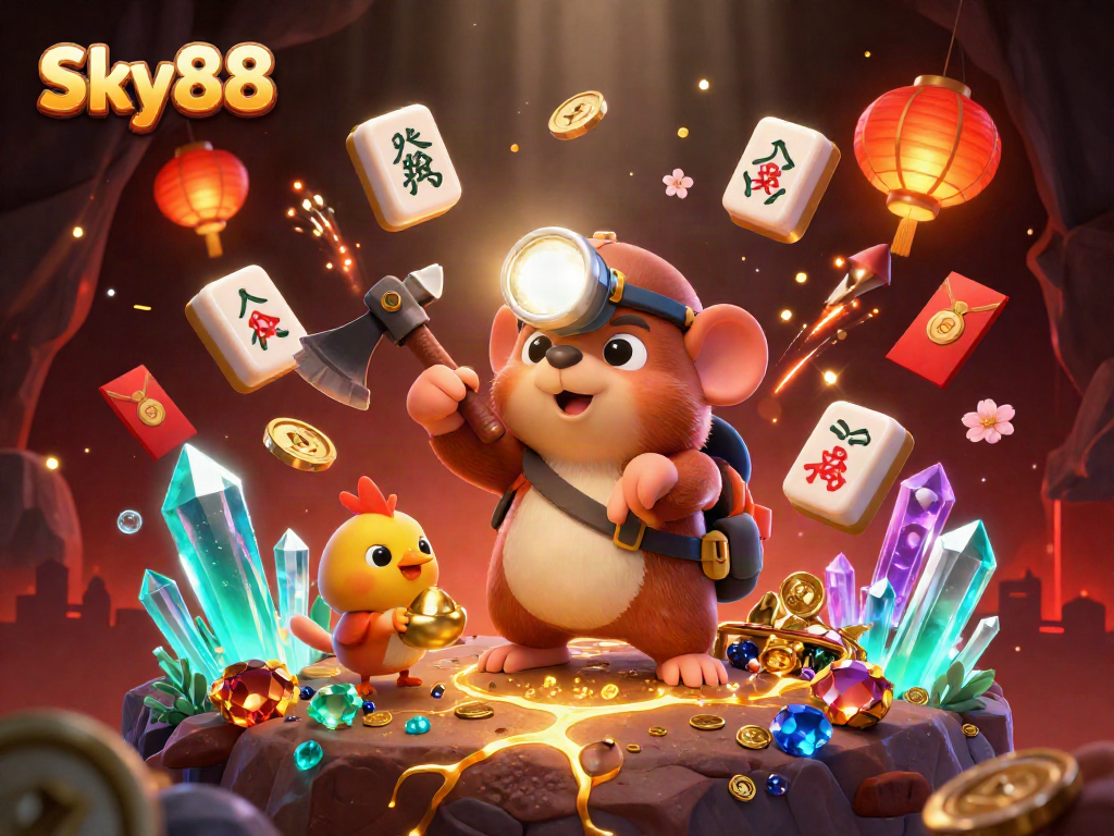 Experience the thrill of Sky88 with a treasure hunter mole and vibrant casino-themed elements.