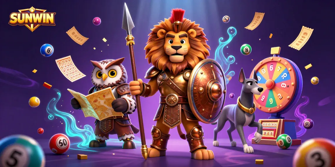SUNWIN players engaging in a vibrant lottery game scene with 3D characters and colorful game elements.