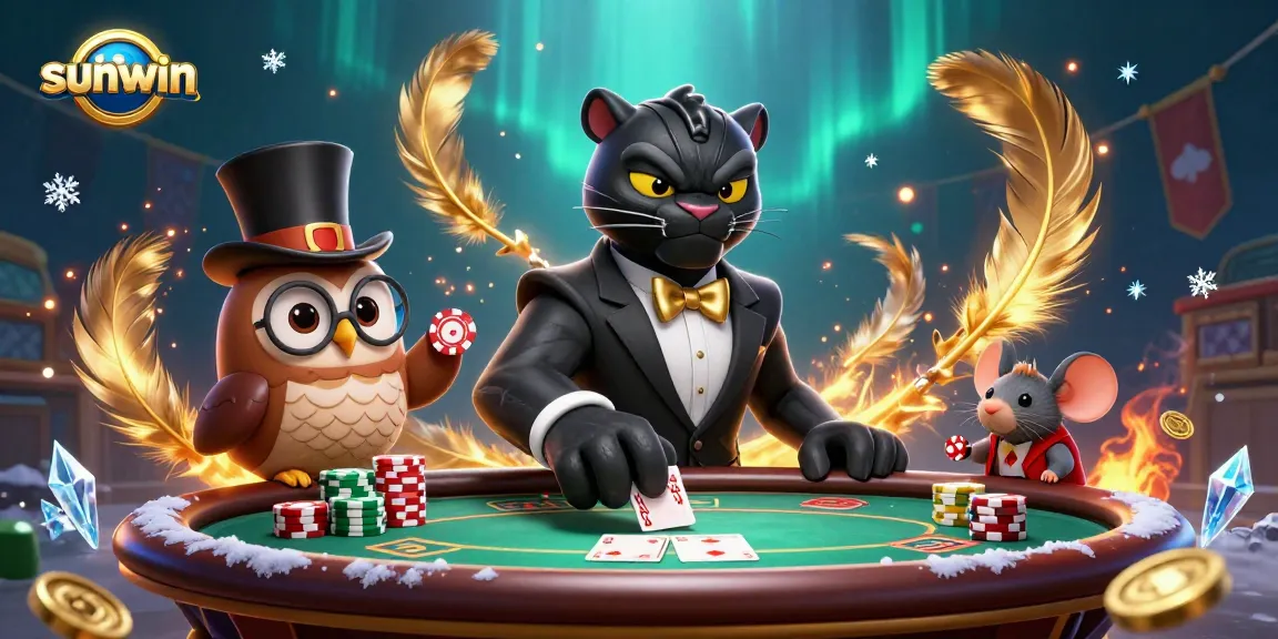 Sunwin engages players at a lively poker table, showcasing vibrant characters and dynamic casino elements.