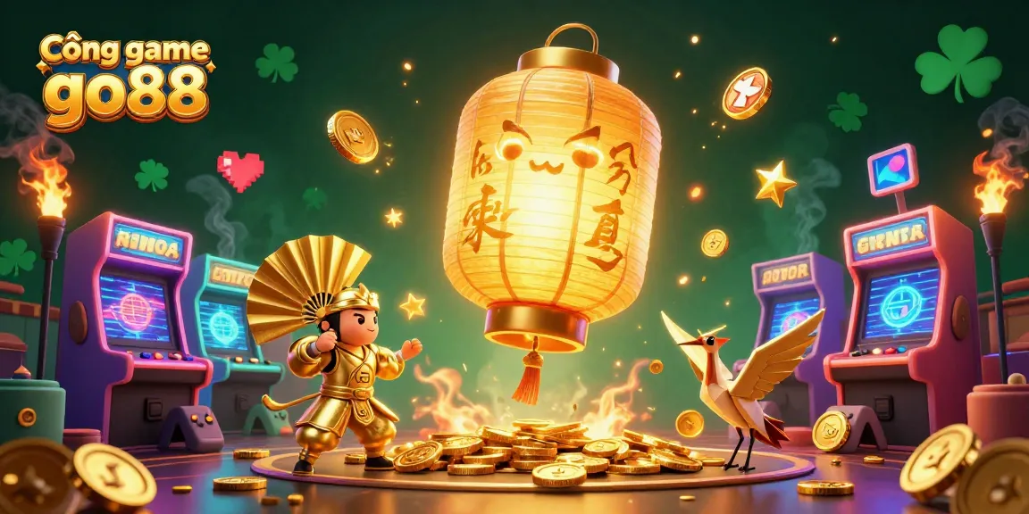 Cổng game go88 presents a vibrant casino scene with a glowing lantern spirit and colorful arcade machines.
