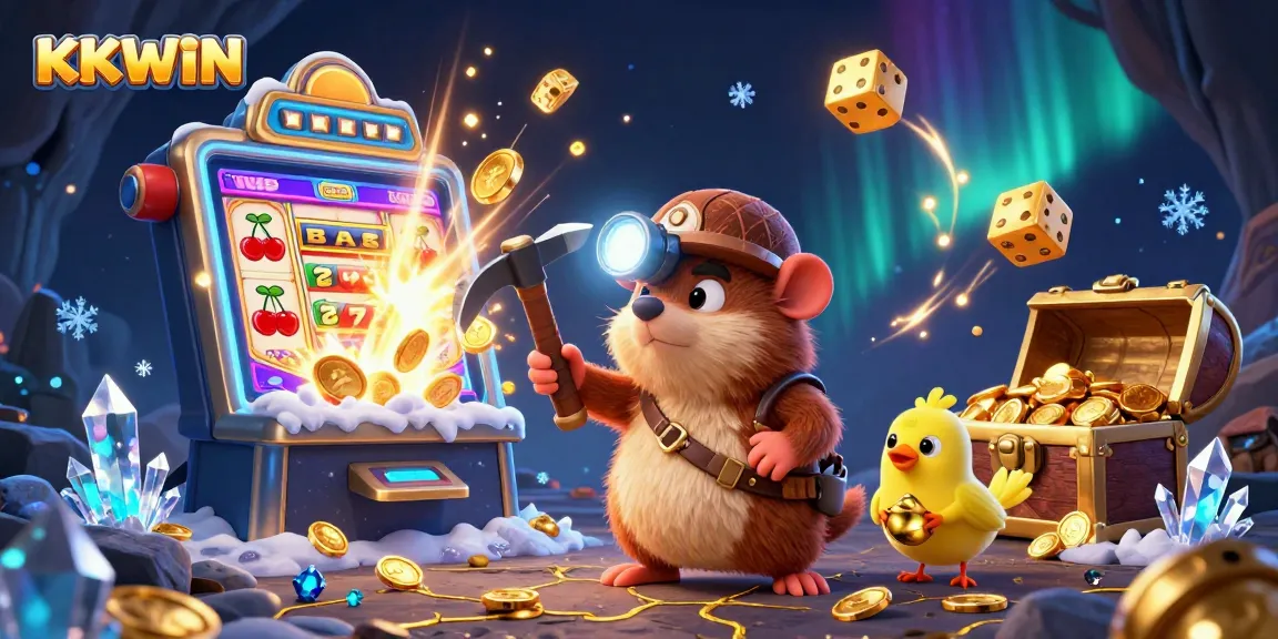 KKWIN online casino illustration with a treasure hunter mole, slot machine, and golden treasures.