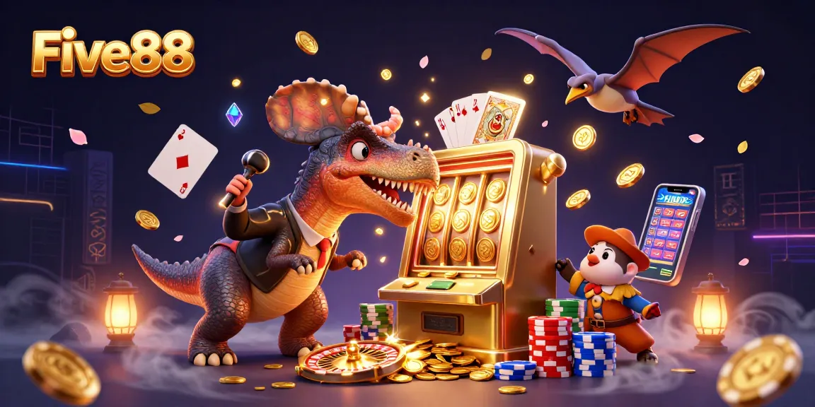 Five88 guests celebrate as the pachycephalosaurus wins a jackpot, surrounded by gleaming coins and vibrant game elements.