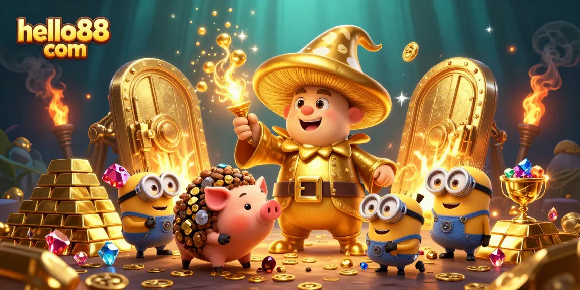 Engage with exciting gameplay at hello88 com featuring a golden wizard amidst a treasure-filled casino.