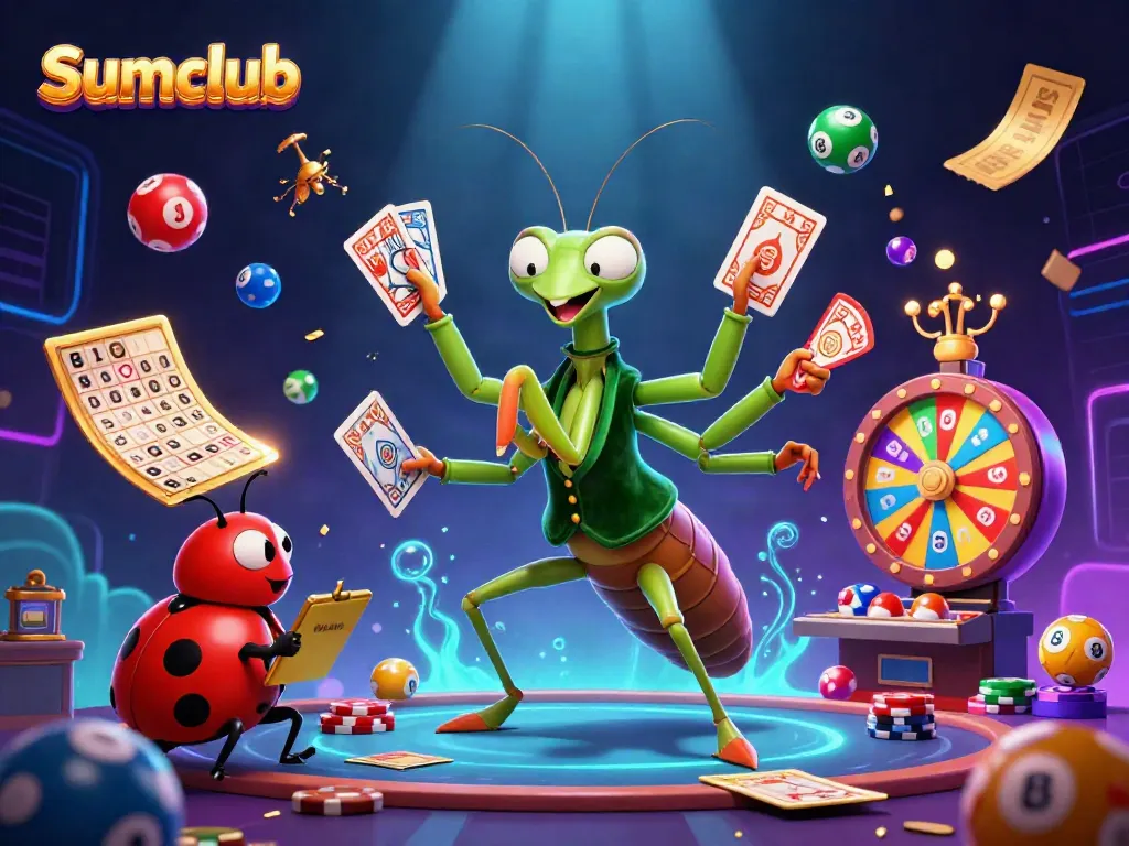 Experience Sumclub's dynamic gambling scene with vibrant visuals, lively characters, and engaging elements.