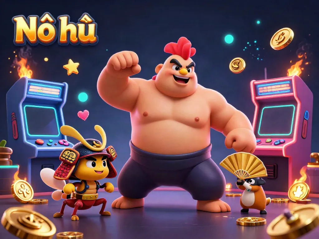 Nổ hũ game scene featuring a powerful sumo rooster and samurai cricket, rich in casino elements.