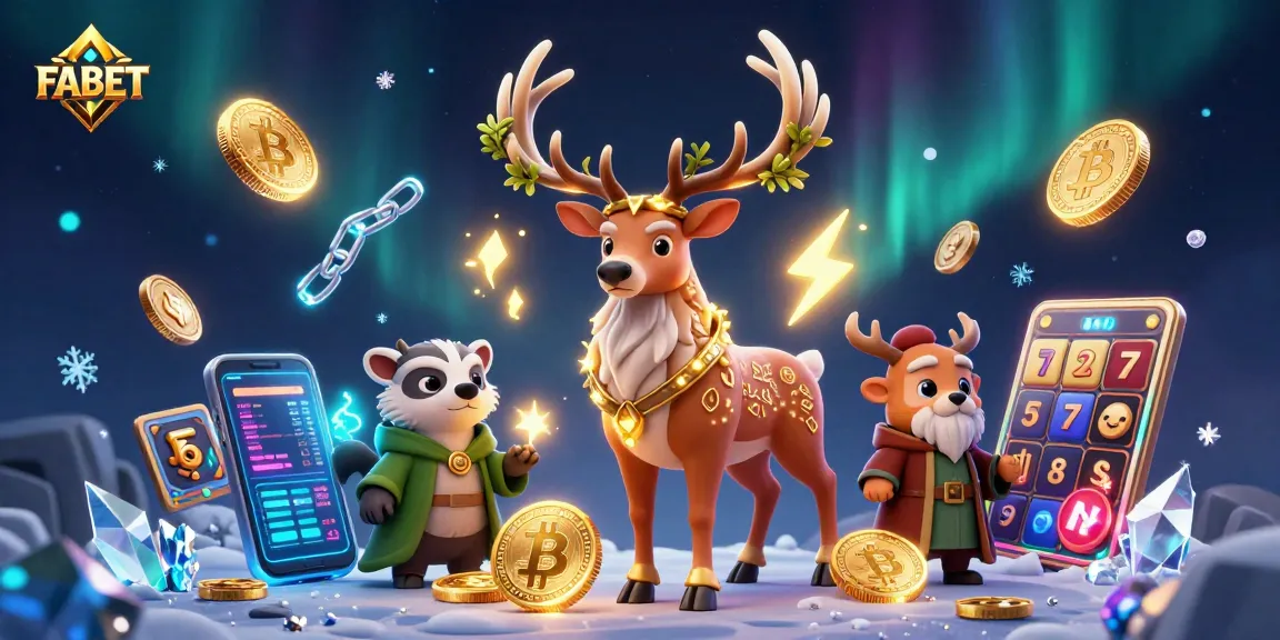 FABET slots illustration featuring a druid stag with mystical elements and glowing cryptocurrency coins.